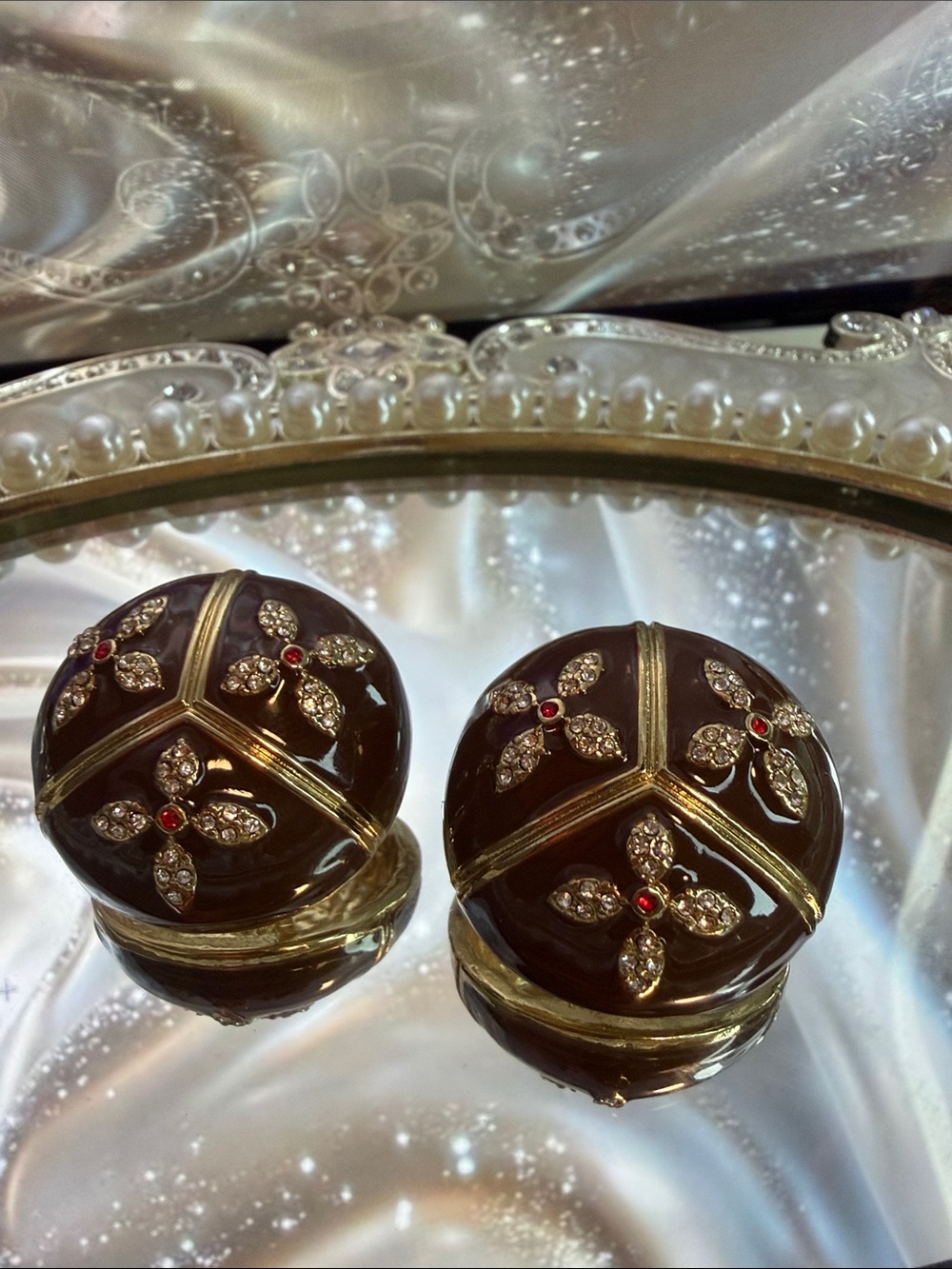 Brown Enamel Dome Clip Earrings with Gold & Red Crystal Details